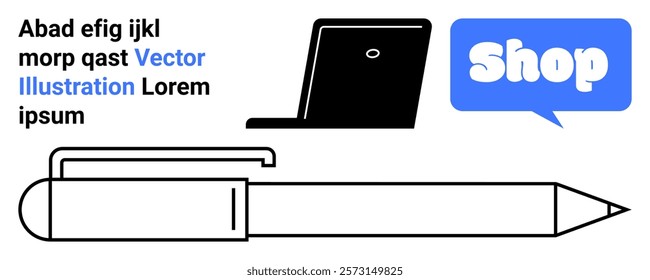 Text and graphic including a laptop, a large pen, and a blue chat bubble labeled shop. Ideal for online shopping, e-commerce, digital marketing, writing tools, graphic design. Banner for landing page