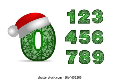 Text green numeral 0-9 with white snowflakes ornament. Christmas numbers in red santa hat and snowflakes. Happy New Year font isolated on white background. Vector illustration