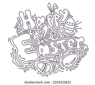 Text greeting card templates with Easter eggs isolated on a white background. Happy Easter hand draw doodle style 