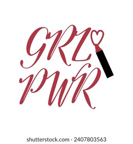 Text GRL PWR written in lipstick on white background