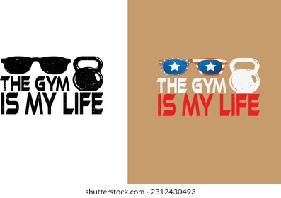 text: the gym is my life. Show off your fitness goals with this stylish  t-shirt. The design features a motivational quote and a sleek design that will help you stay motivated on your fitness journey.