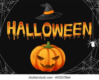Text Halloween blood vector, pumpkin and spider on black background