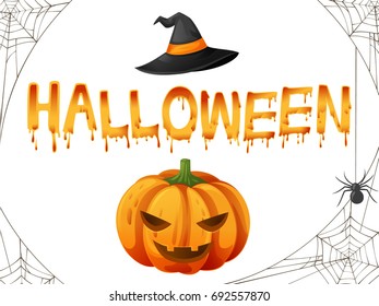 Text Halloween blood vector, pumpkin and spider on white background