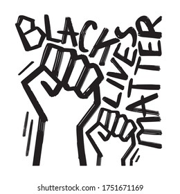 A text hand-drawn lettering of the words "Black Lives Matter" with fisted hands on white background. Racism banner, discrimination problems.