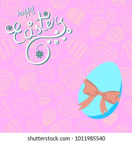 text - Happe Easter. background with hanging on the ropes eggs
