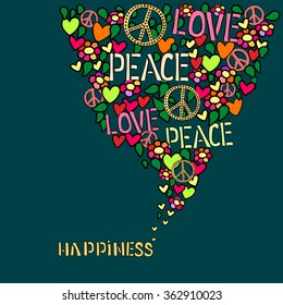 Text happiness. Love, peace and pacifism symbol in colorfull collage