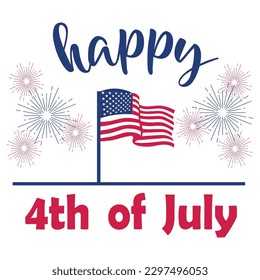Text HAPPY 4th OF JULY, USA flag and fireworks on white backgrou
