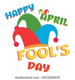 Text HAPPY APRIL FOOL'S DAY and harlequin's hat on white backgro