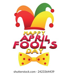 Text HAPPY APRIL FOOL'S DAY, harlequin's hat and bowtie on white