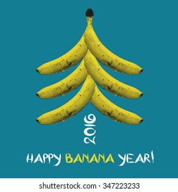 Text Happy Banana Year 2016. Yellow halftone Bananas New Year tree on the blue background