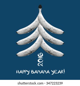Text Happy Banana Year 2016. Halftone monochrome Bananas New Year tree on the blue background
