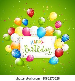 Text Happy Birthday on green background with holiday card, flying colorful balloons, streamers and confetti, illustration.