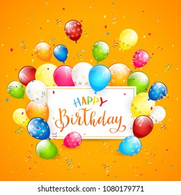 Text Happy Birthday on orange background with holiday card, flying colorful balloons, streamers and confetti, illustration.