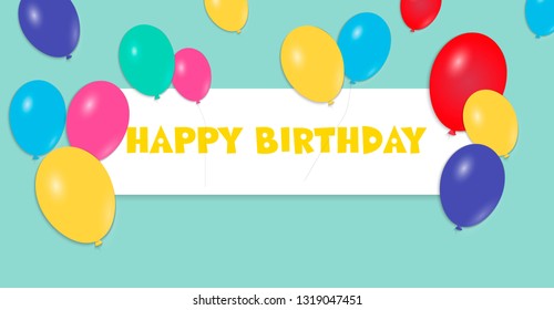 Text Happy Birthday on white background. Banner with color balloons and confetti on blue background. Vector illustration