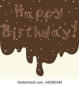 Text Happy birthday from pastry cream/Hand-drawn congratulation on the background of chocolate