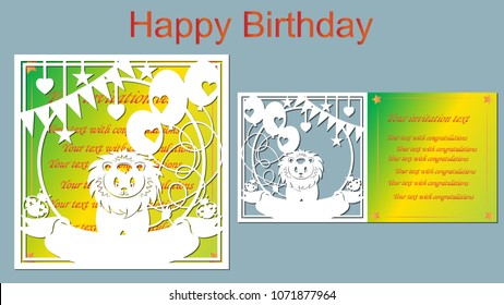 Text - happy birthday. vector, laser-beam cutting. Depicted lion, beetle, heart, star, flag, balloon. Greeting card. plotter