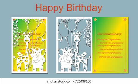 Text - happy birthday. vector, laser-beam cutting, animals, elephant, giraffe, bird, butterflies, bug, flowers, air balloon. Greeting card