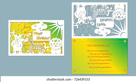 Text - glücklicher Geburtstag. Vektorgrafik, Laserstrahl-Schneiden, Tiere, Elefant, Löwe, Vogel, Zebra, Schmetterlinge, Bug, Blumen, Luftballon. Grußkarte