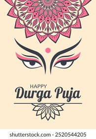 Text Happy Durga Puja, abstract floral mandala and eyes of goddess on pastel yellow background. Flat vector design for greeting card, banner or poster for hindu festival Durga Puja.