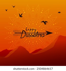 Text Happy Dussehra on the background of mandala as abstract setting sun over mountains. Festive design for greeting card or poster for Hindu celebration Dussehra.