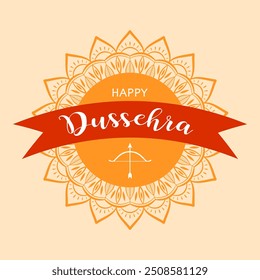 Texto Happy Dussehra em fita vermelha e mandala laranja abstrata. Projeto festivo para cartão de saudação ou cartaz para celebração hindu Dussehra.