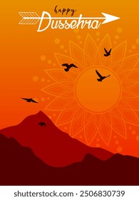 Text Happy Dussehra and setting sun over mountains. Festive design for greeting card or poster for Hindu celebration Dussehra.