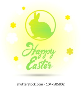 Text Happy Easter and bunny silhouette on green gradient background, with flowers, vector illustration, eps 10