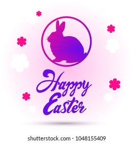 Text Happy Easter and bunny silhouette on purple gradient background, with flowers, vector illustration, eps 10