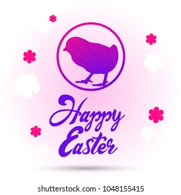 Text Happy Easter and chick silhouette on purple gradient background, with flowers, vector illustration, eps 10