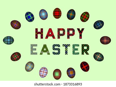 The text "Happy Easter", composed of different colors of tartans. 