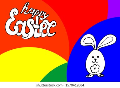 Text happy easter and egg hare drawn by hand. Easter LGBT. LGBT love flower. Spring card for lesbians, gays, bisexuals, transgender people. Poster, postcard, banner and background. Vector illustration
