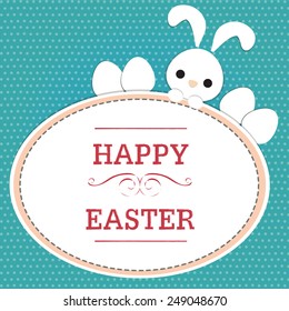 text " happy easter " on easter card with rabbit and eggs on blue polka dot background. 