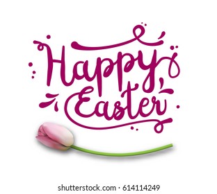 Text Happy Easter, purple on white with pink tulip, vector illustration