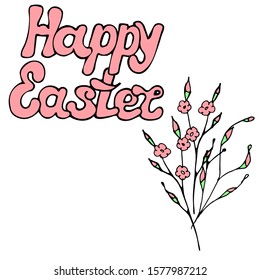 Text Happy Easter and spring pussy-willow twigs. Hand-drawn. Suitable for festive design, greeting card, packaging, banner. Copy space. White background. Stock vector illustration.