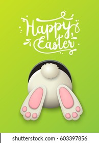 Text Happy Easter and white bunny bottom on green background, vector illustration, eps 10 with transparency and gradient meshes