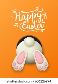 Text Happy Easter and white bunny bottom on orenge background, vector illustration, eps 10 with transparency and gradient meshes