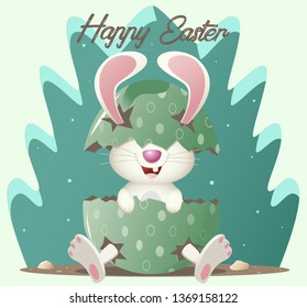 Text Happy Easter  and white rabbit hatched from a green egg on a green tree background