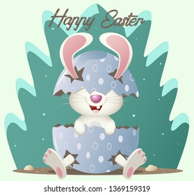 Text Happy Easter  and white rabbit hatched from a blue egg on a green tree background