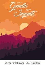 Texto Feliz Gandhi Jayanti y sol naciente sobre las montañas, ilustración plana. Diseño festivo para tarjeta de felicitación o cartel para la celebración del cumpleaños de Mahatma Gandhi.