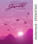 Text Happy Gandhi Jayanti and setting sun in cloudy sky over mountains. Festive design for greeting card or poster for celebration of Mahatma Gandhi birthday.