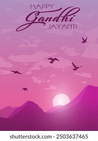 Text Happy Gandhi Jayanti and setting sun in cloudy sky over mountains. Festive design for greeting card or poster for celebration of Mahatma Gandhi birthday.