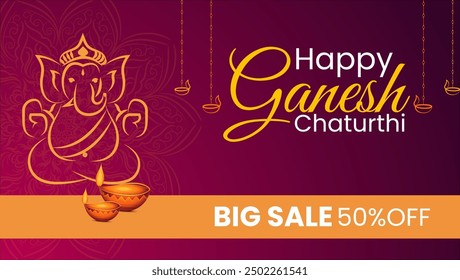 Text Happy Ganesh Chaturthi BIG SALE 50% OFF Golden outline of Lord Ganesha in the center Purple background with golden decorations Golden diyas on either side