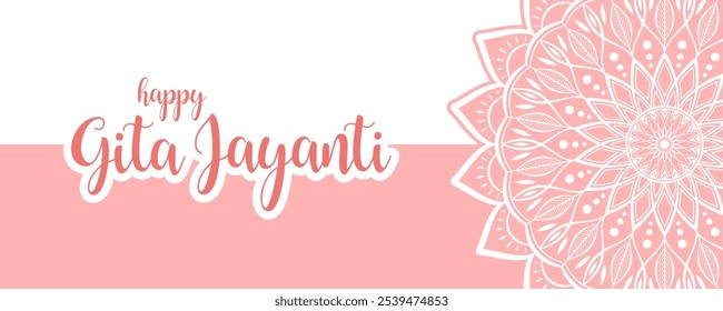 Text Happy Gita Jayanti and abstract floral mandala, elegant design in pastel pink colors. Background or banner design for Gita Mahotsav.