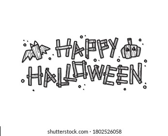 Text happy halloween and bat and pumpkin for Halloween day poster advertising. Hand written lettering isolated on white background.Vector template for poster, social network, banner, cards.