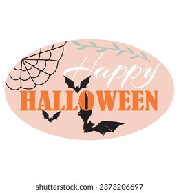 Text HAPPY HALLOWEEN, bats and spiderweb on white background