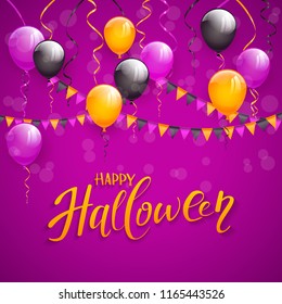 Text Happy Halloween and decoration on an purple background with balloons, pennants and streamers, illustration.