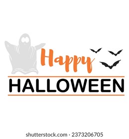 Text HAPPY HALLOWEEN, ghost and bats on white background