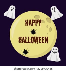 text happy halloween with ghosts and spiders on the background of the moon banner invitation