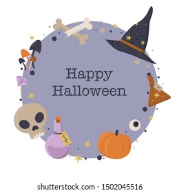 Text Happy Halloween inside circle with witch elements. Witch hat, skull and bones, poisons, pumpkin. Flat style. Violet colors. 