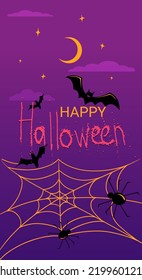 text Happy Halloween on the background of the night starry sky with clouds bats and cobwebs with spiders